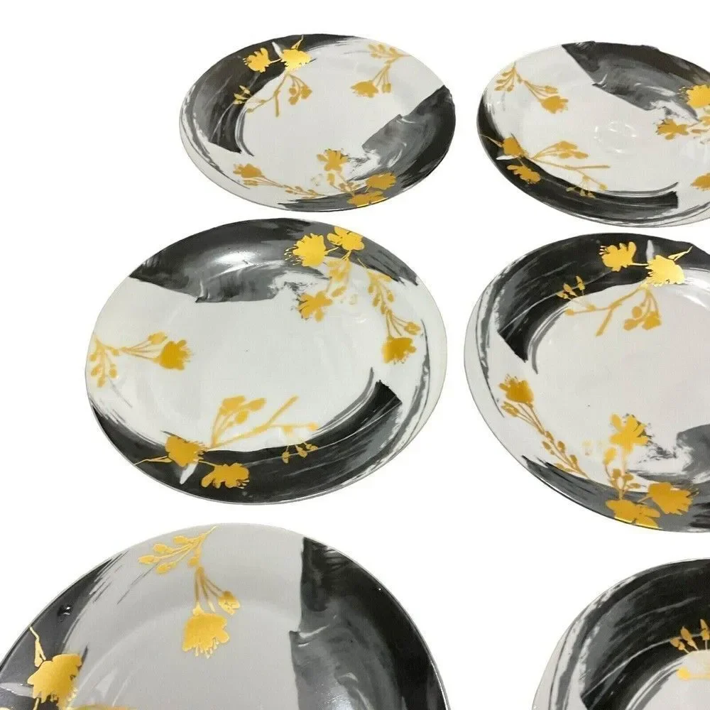 VTG Fitz & Floyd Carmen Floral Black/Gold Stripes‎ Dinner/Salad Plates Set of 8